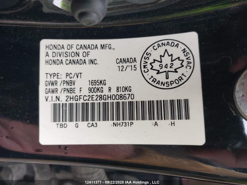 2016 Honda Civic VIN: 2HGFC2E28GH008670 Lot: 12411377