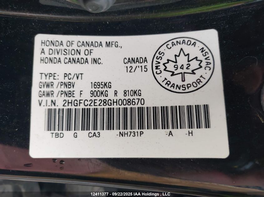 2016 Honda Civic VIN: 2HGFC2E28GH008670 Lot: 12411377