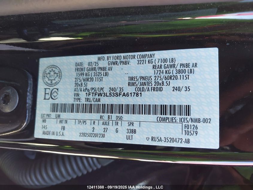 2025 Ford F150 Xlt VIN: 1FTFW3L53SFA61781 Lot: 12411388