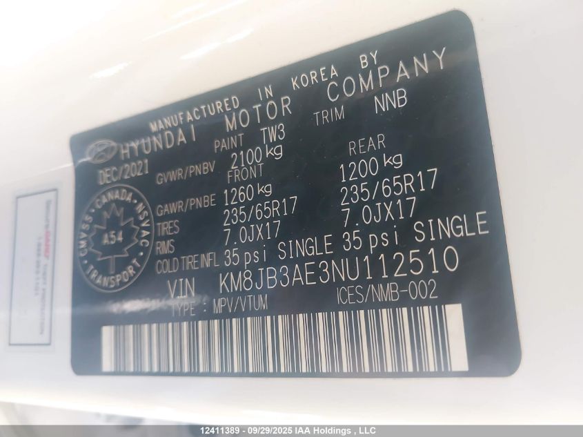 2022 Hyundai Tucson Preferred Fwd VIN: KM8JB3AE3NU112510 Lot: 12411389