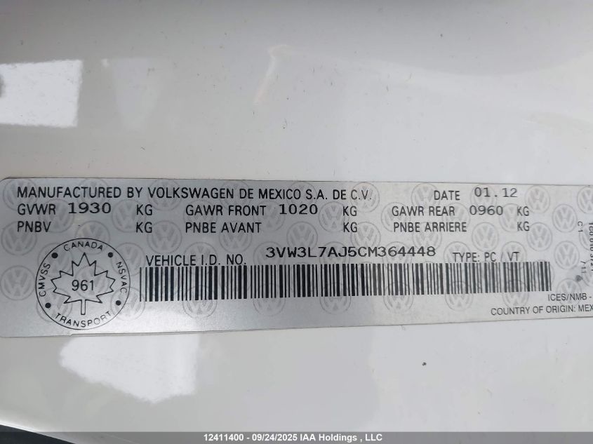 2012 Volkswagen Jetta Tdi VIN: 3VW3L7AJ5CM364448 Lot: 12411400