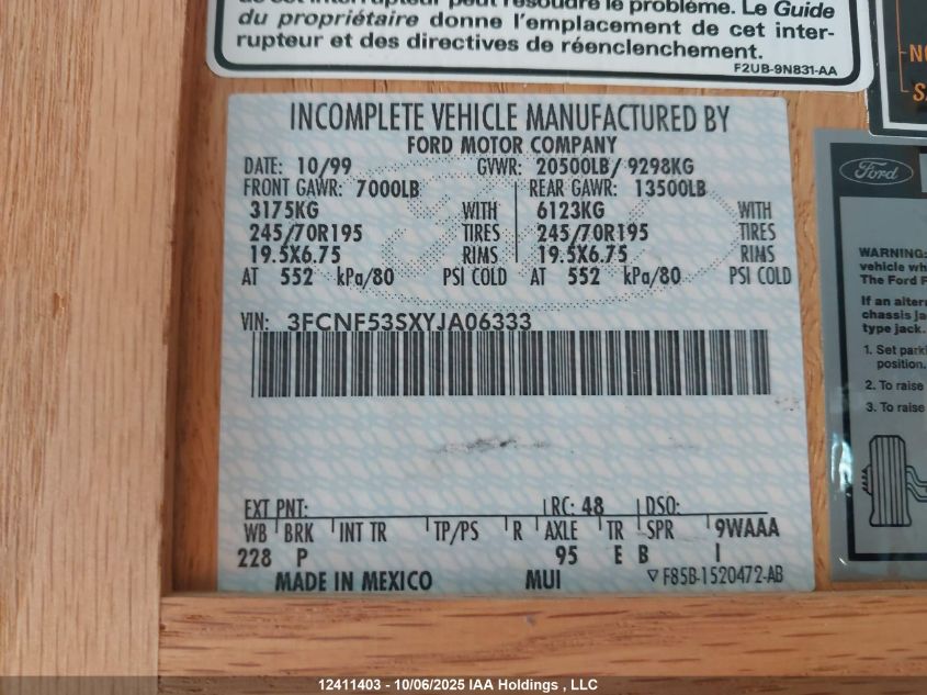 2000 Ford F550 Super Duty Stripped Chass VIN: 3FCNF53SXYJA06333 Lot: 12411403