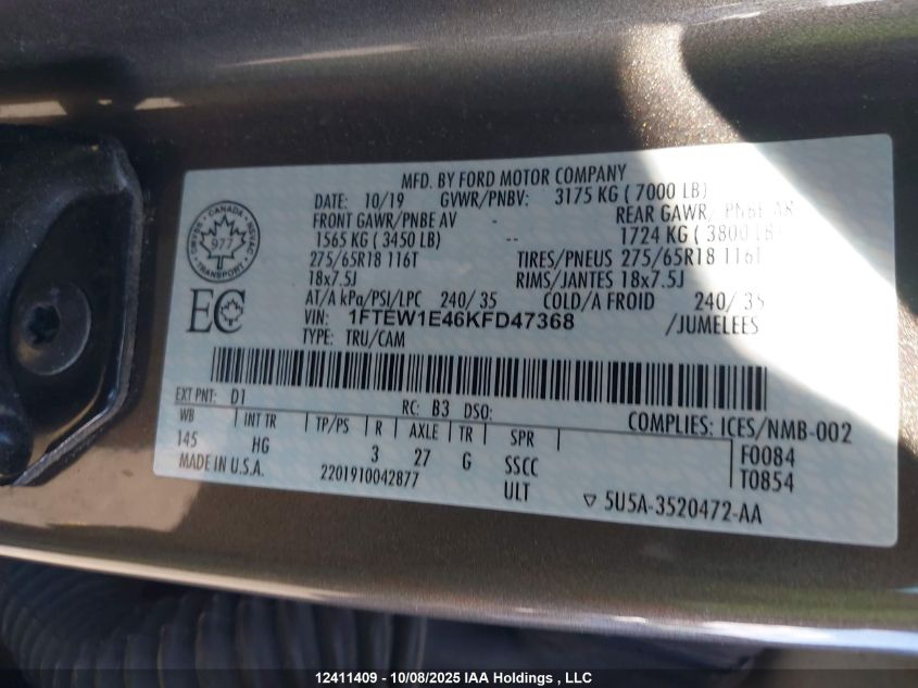 2019 Ford F150 Supercrew VIN: 1FTEW1E46KFD47368 Lot: 12411409