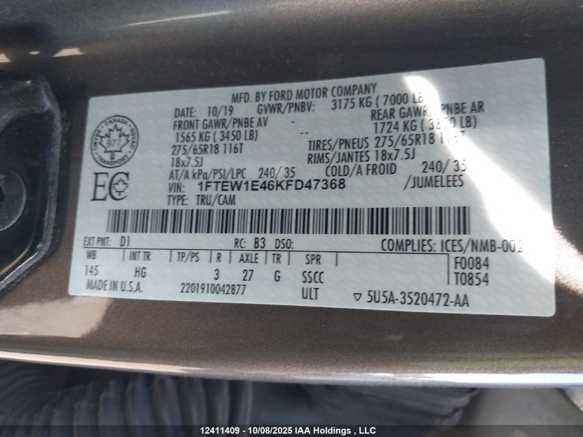 2019 Ford F150 Supercrew VIN: 1FTEW1E46KFD47368 Lot: 12411409