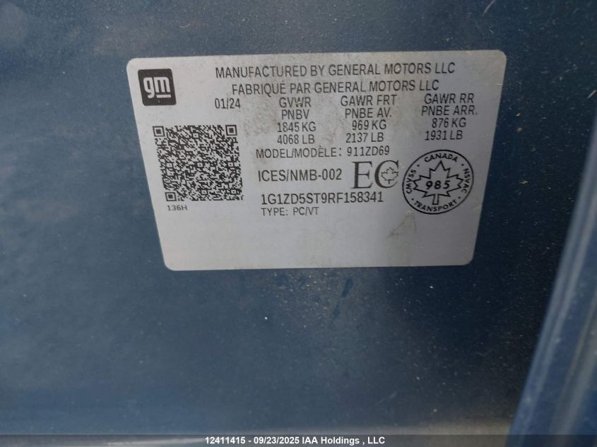 2024 Chevrolet Malibu 1Lt VIN: 1G1ZD5ST9RF158341 Lot: 12411415