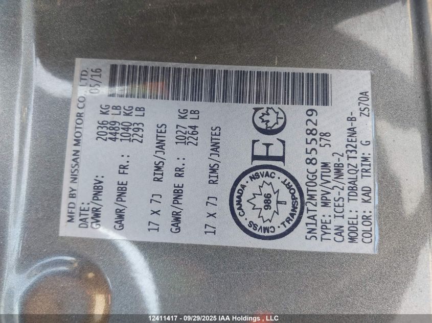 2016 Nissan Rogue S/Sv VIN: 5N1AT2MT0GC855829 Lot: 12411417