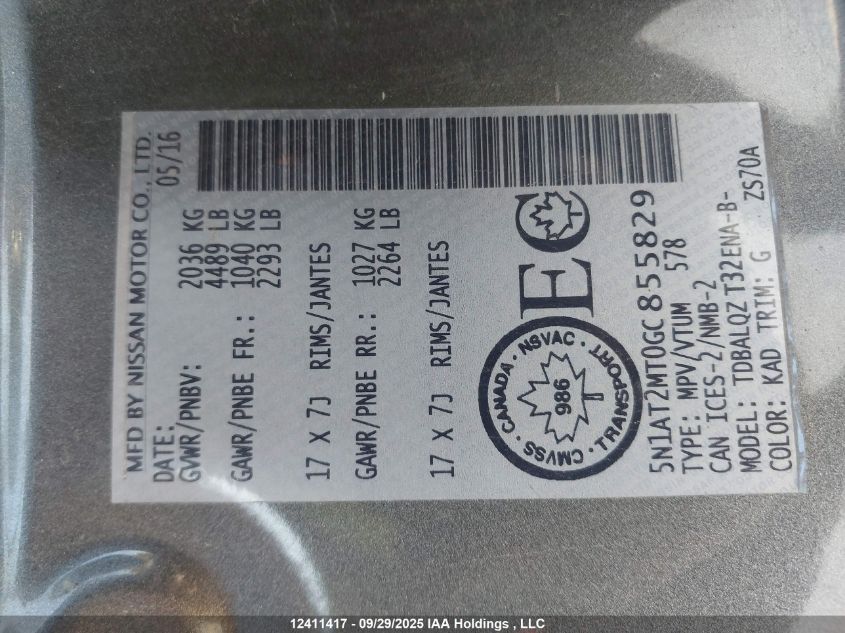 2016 Nissan Rogue S/Sv VIN: 5N1AT2MT0GC855829 Lot: 12411417