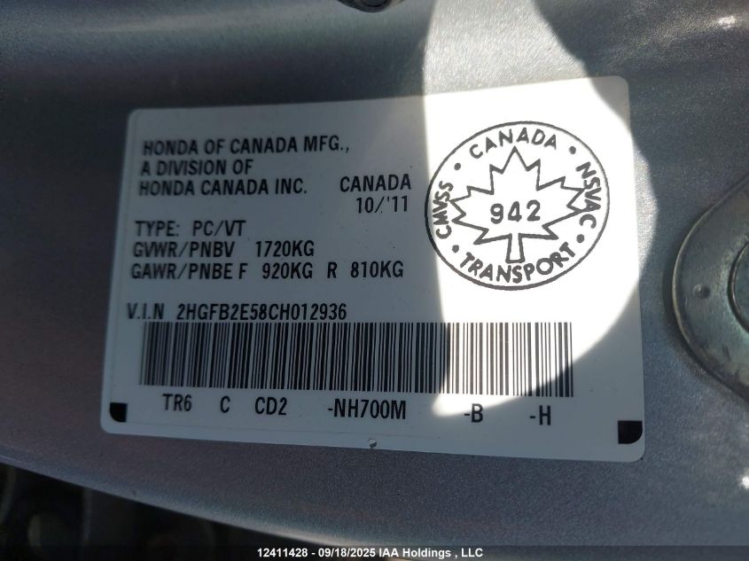 2012 Honda Civic Lx VIN: 2HGFB2E58CH012936 Lot: 12411428