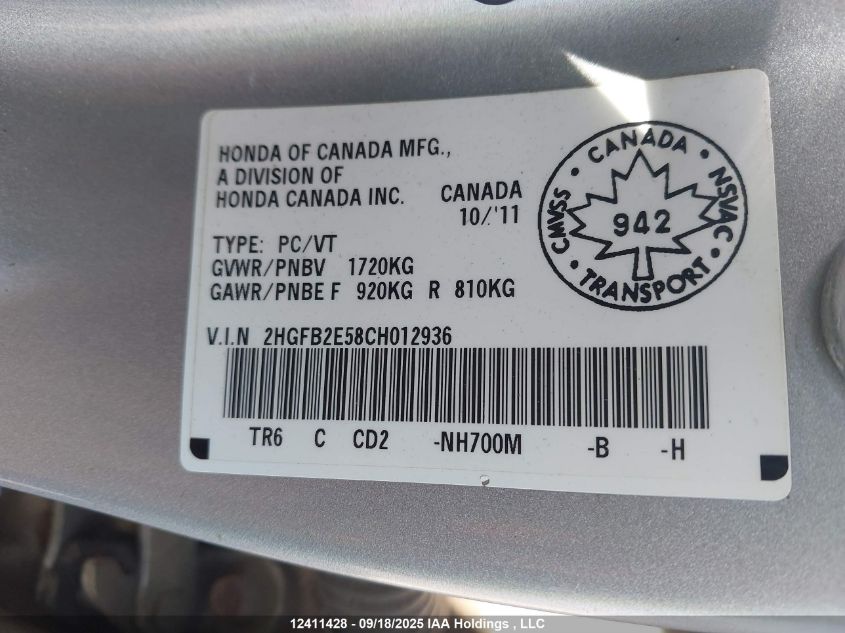 2012 Honda Civic Lx VIN: 2HGFB2E58CH012936 Lot: 12411428