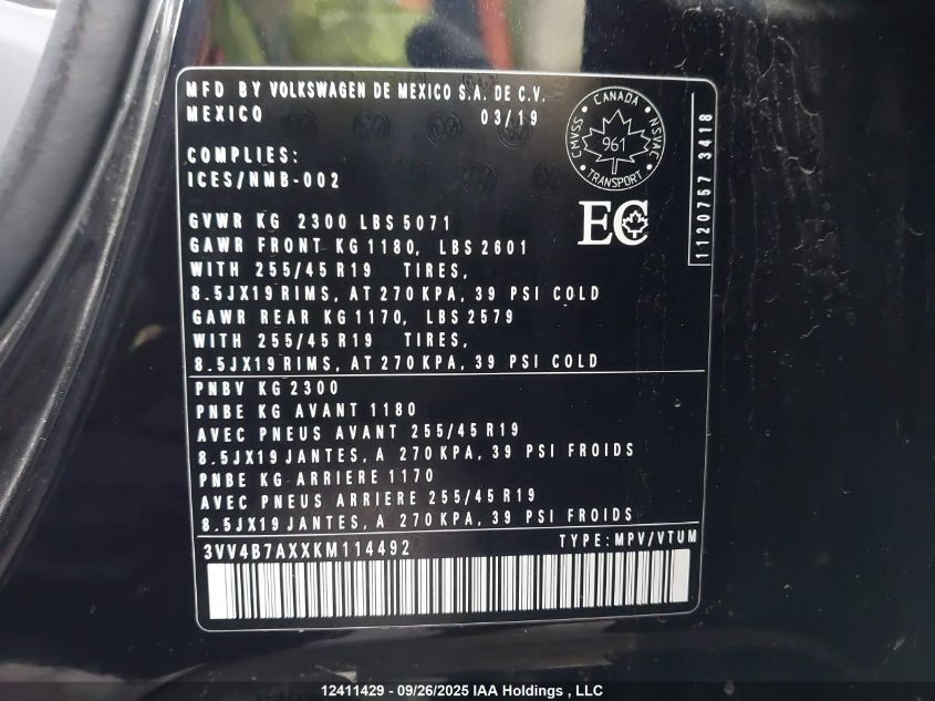 2019 Volkswagen Tiguan Sel Premium/Sel Premium R-Line VIN: 3VV4B7AXXKM114492 Lot: 12411429