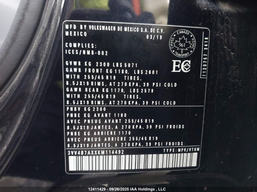 2019 Volkswagen Tiguan Sel Premium/Sel Premium R-Line VIN: 3VV4B7AXXKM114492 Lot: 12411429