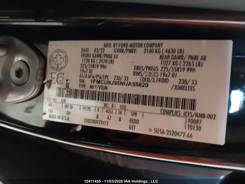 2022 Ford Escape Titanium VIN: 1FMCU9J95NUA55820 Lot: 12411435