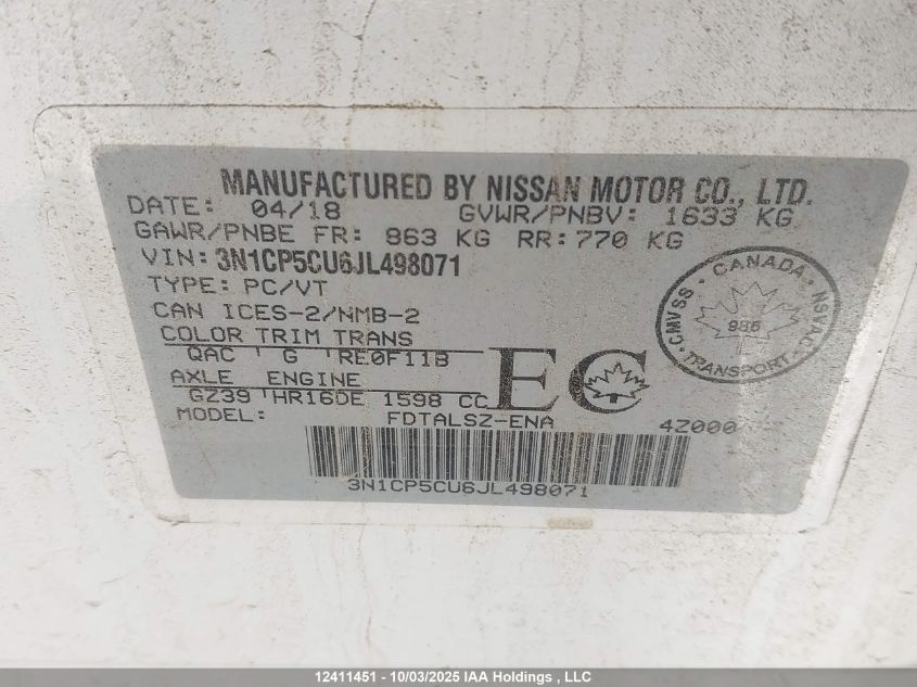 2018 Nissan Kicks S/Sr/Sv VIN: 3N1CP5CU6JL498071 Lot: 12411451