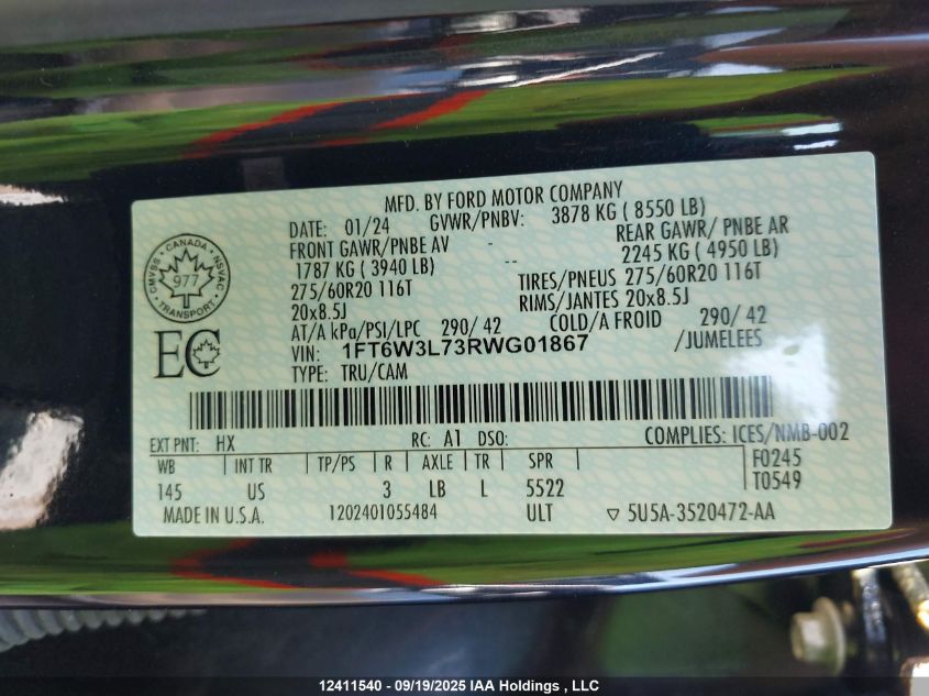 2024 Ford F-150 Lightning Flash VIN: 1FT6W3L73RWG01867 Lot: 12411540