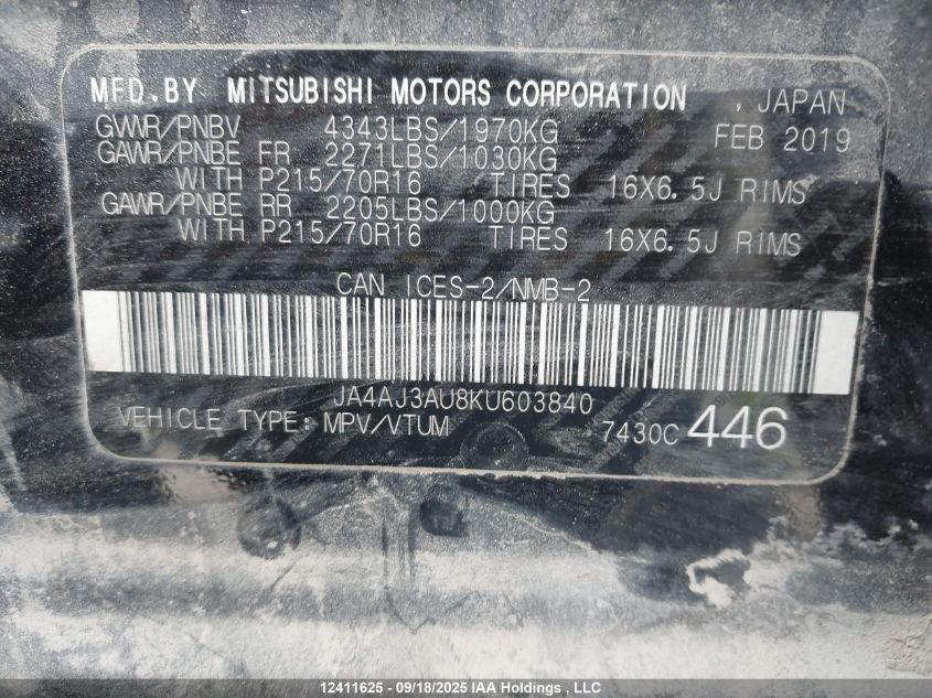 2019 Mitsubishi Rvr Se/Se Black Edition/Se Limited Edition VIN: JA4AJ3AU8KU603840 Lot: 12411625