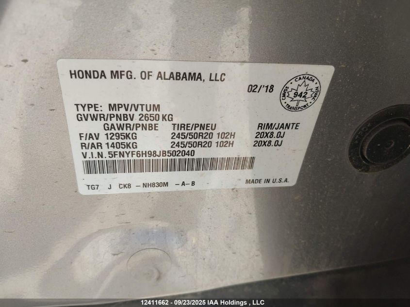 2018 Honda Pilot Touring VIN: 5FNYF6H98JB502040 Lot: 12411662