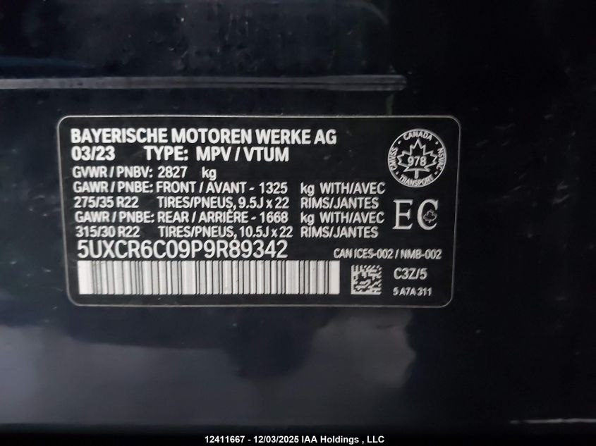 2023 BMW X5 xDrive40I VIN: 5UXCR6C09P9R89342 Lot: 12411667