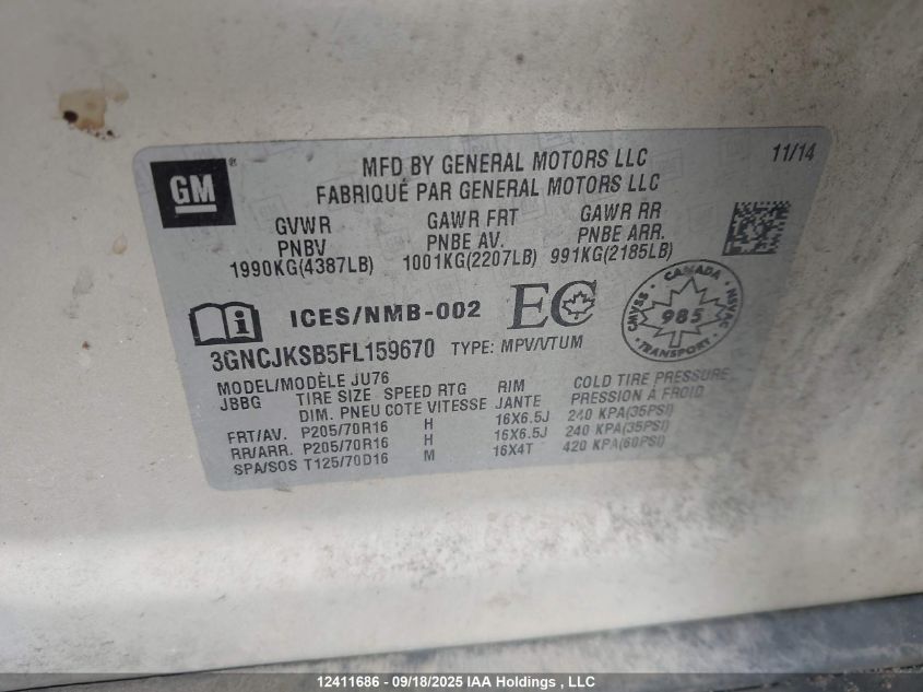 2015 Chevrolet Trax Ls VIN: 3GNCJKSB5FL159670 Lot: 12411686