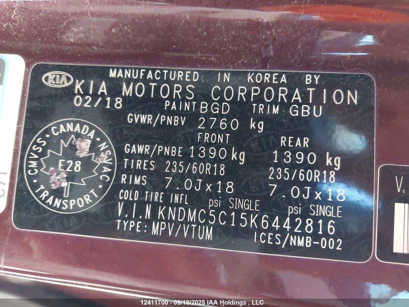 2019 Kia Sedona Ex/Sx VIN: KNDMC5C15K6442816 Lot: 12411700