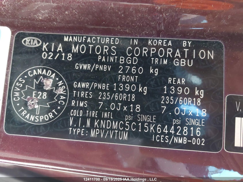 2019 Kia Sedona Ex/Sx VIN: KNDMC5C15K6442816 Lot: 12411700
