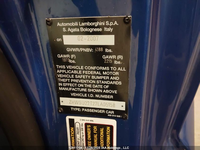 ZHWGU22T27LA05158 2007 LAMBORGHINI GALLARDO photo no. 15