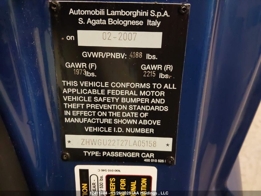 ZHWGU22T27LA05158 2007 LAMBORGHINI GALLARDO photo no. 9