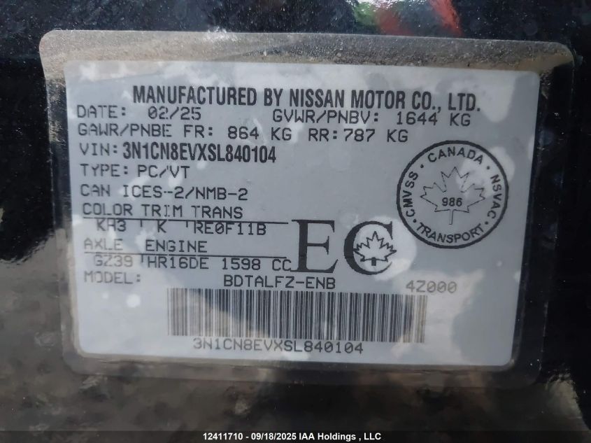 2025 Nissan Versa Sv VIN: 3N1CN8EVXSL840104 Lot: 12411710