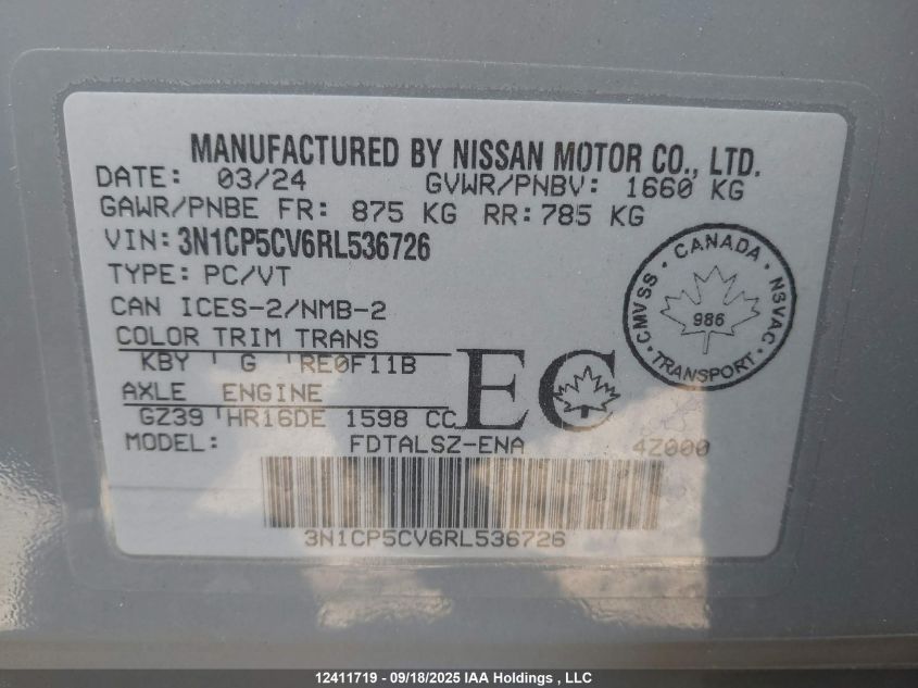 2024 Nissan Kicks Sv VIN: 3N1CP5CV6RL536726 Lot: 12411719