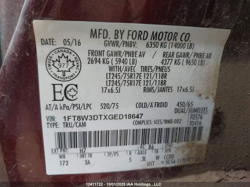 2016 Ford F-350 Xlt VIN: 1FT8W3DTXGED18647 Lot: 12411722