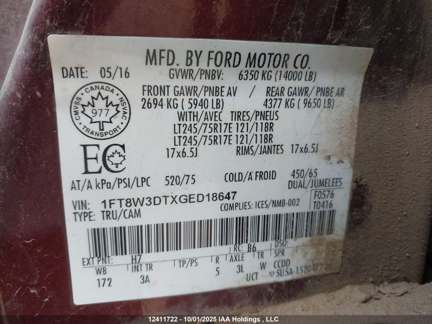 2016 Ford F-350 Xlt VIN: 1FT8W3DTXGED18647 Lot: 12411722