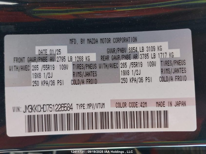 2025 Mazda Cx-9 VIN: JM3KKCHD7S1226584 Lot: 12411731