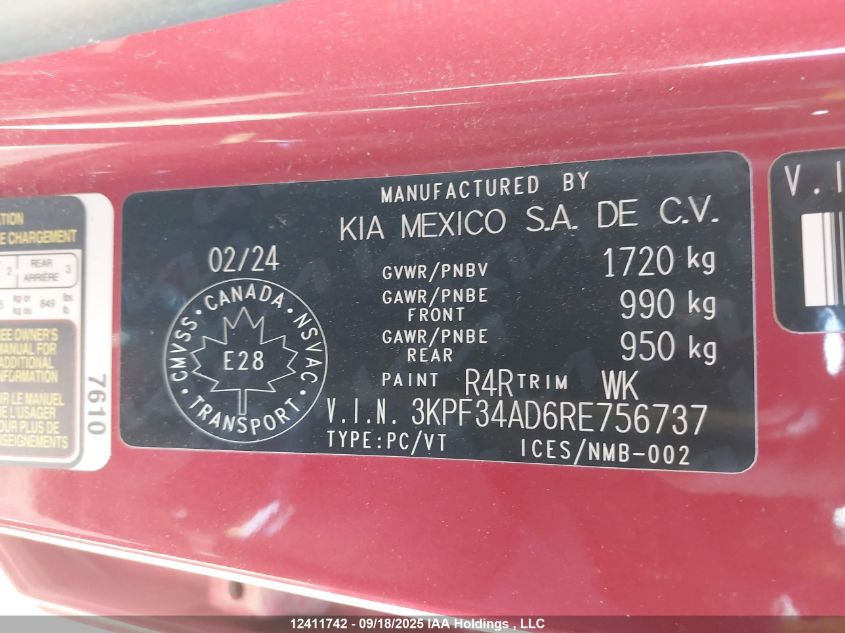 2024 Kia Forte Ex/Ex+/Ex Premium VIN: 3KPF34AD6RE756737 Lot: 12411742