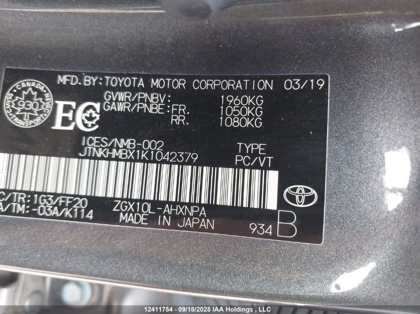 2019 Toyota C-Hr Xle VIN: JTNKHMBX1K1042379 Lot: 12411754