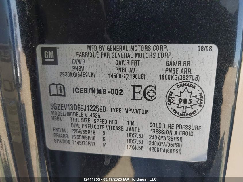 2009 Saturn Outlook Xe VIN: 5GZEV13D69J122590 Lot: 12411755