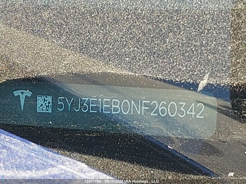 2022 Tesla Model 3 Long Range VIN: 5YJ3E1EB0NF260342 Lot: 12411765