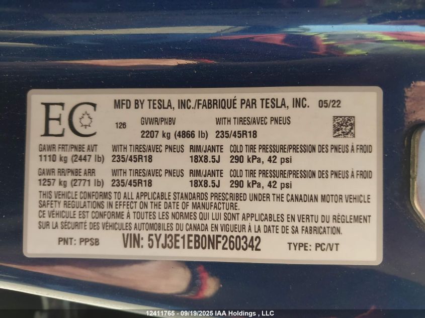 2022 Tesla Model 3 Long Range VIN: 5YJ3E1EB0NF260342 Lot: 12411765