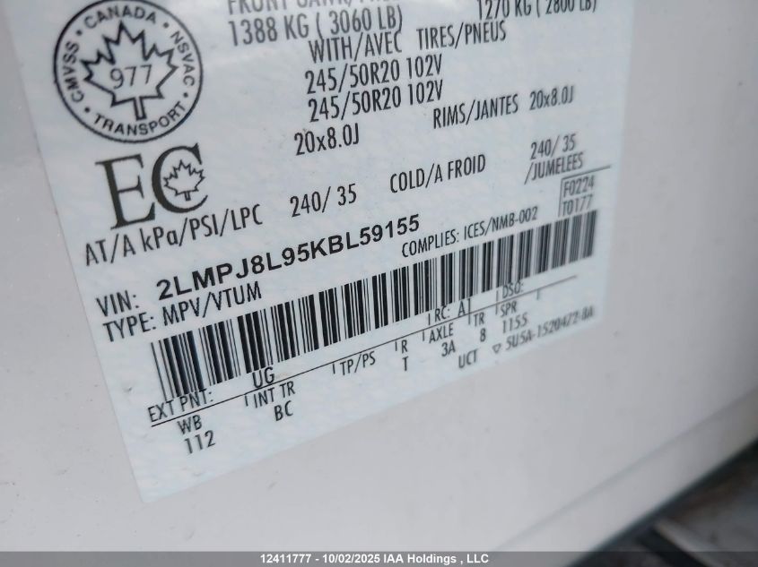 2019 Lincoln Nautilus Reserve VIN: 2LMPJ8L95KBL59155 Lot: 12411777