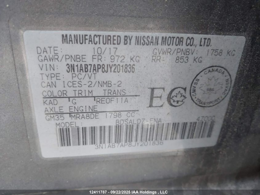 2018 Nissan Sentra 1.8 S/1.8 Sv/1.8 Sv Midnight Edition VIN: 3N1AB7AP8JY201836 Lot: 12411787