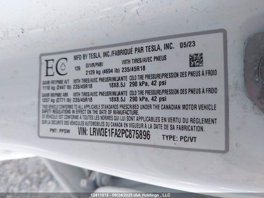 2023 Tesla Model 3 Rwd VIN: LRW3E1FA2PC875896 Lot: 12411815