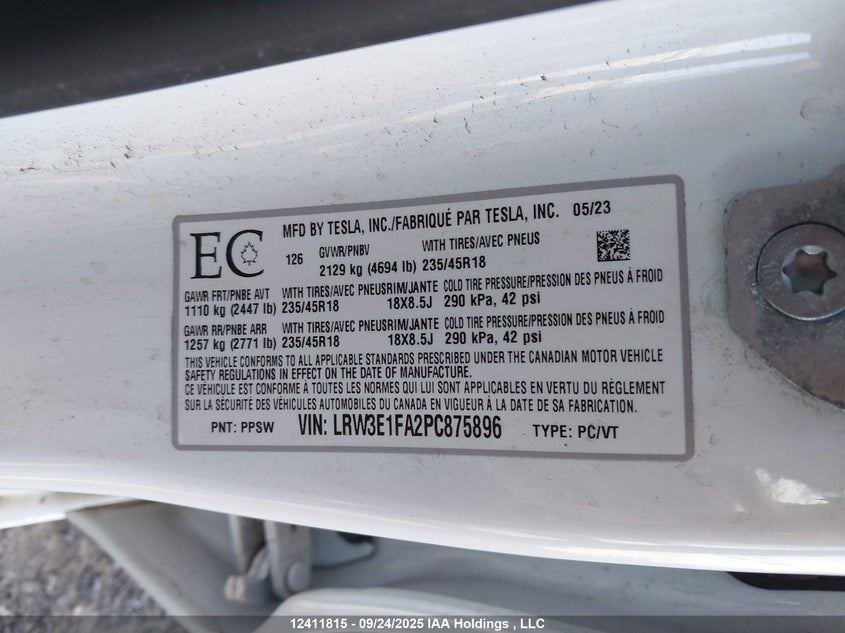 2023 Tesla Model 3 Rwd VIN: LRW3E1FA2PC875896 Lot: 12411815