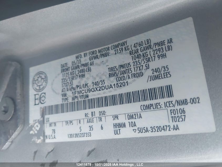 2013 Ford Escape Se VIN: 1FMCU9GX2DUA15201 Lot: 12411878