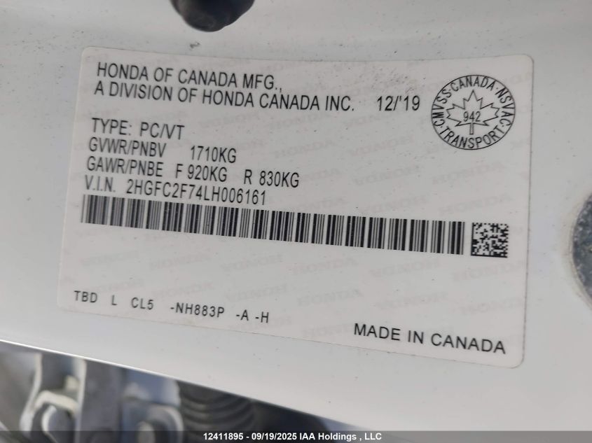 2020 Honda Civic Ex 4Dr VIN: 2HGFC2F74LH006161 Lot: 12411895