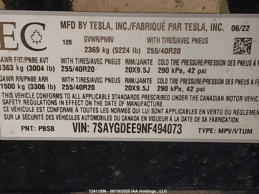 2022 Tesla Model Y Long Range VIN: 7SAYGDEE9NF494073 Lot: 12411896