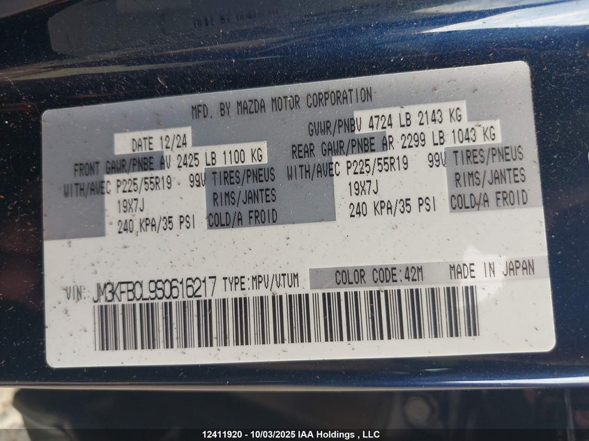 2025 Mazda Cx-5 Gs/Kuro VIN: JM3KFBCL9S0616217 Lot: 12411920