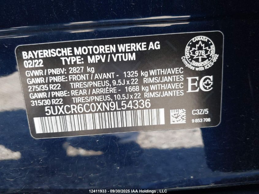 2022 BMW X5 xDrive40I VIN: 5UXCR6C0XN9L54336 Lot: 12411933