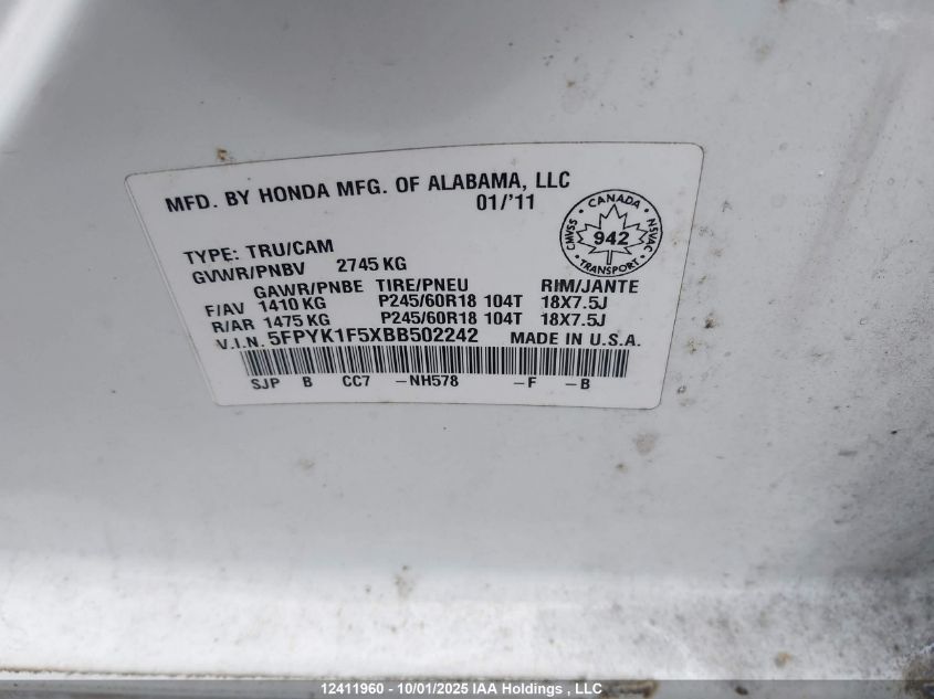 2011 Honda Ridgeline Ex-L/Vp VIN: 5FPYK1F5XBB502242 Lot: 12411960