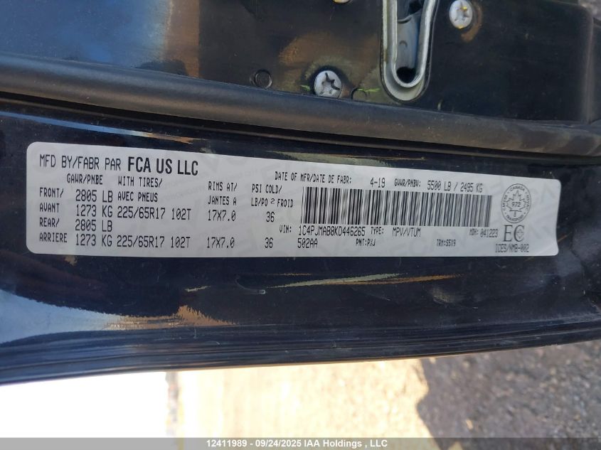 2019 Jeep Cherokee Sport VIN: 1C4PJMAB8KD446265 Lot: 12411989