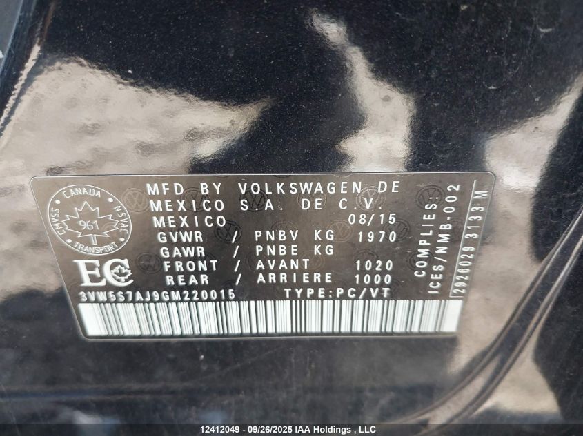 2016 Volkswagen Jetta Gli/Gli Autobahn VIN: 3VW5S7AJ9GM220015 Lot: 12412049