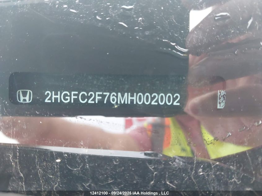 2021 Honda Civic Ex 4Dr VIN: 2HGFC2F76MH002002 Lot: 12412100