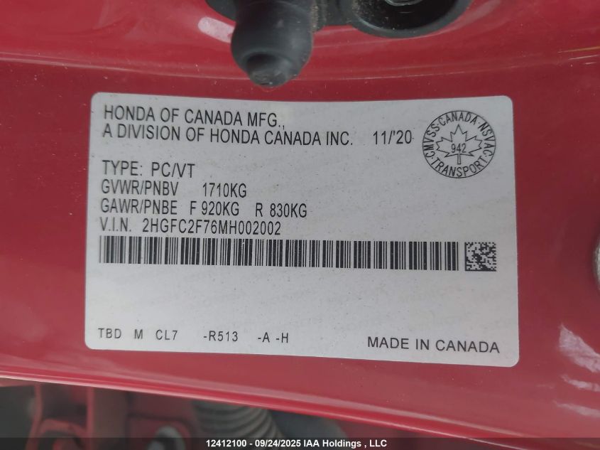 2021 Honda Civic Ex 4Dr VIN: 2HGFC2F76MH002002 Lot: 12412100